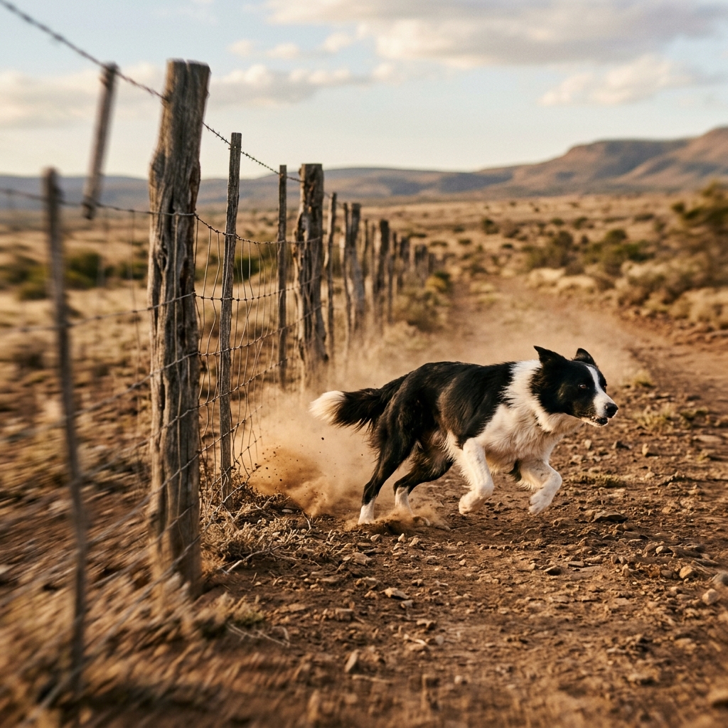 Border Collie running beside fence