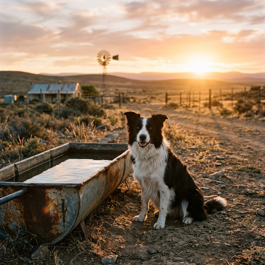 Border Collie resting at sunset