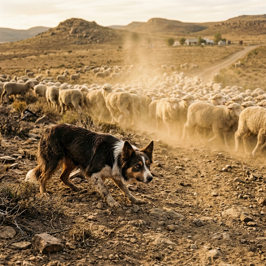 Border Collie herding sheep in the Karoo